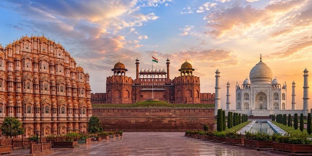 Golden Triangle landmarks including Hawa Mahal, Red Fort, and Taj Mahal